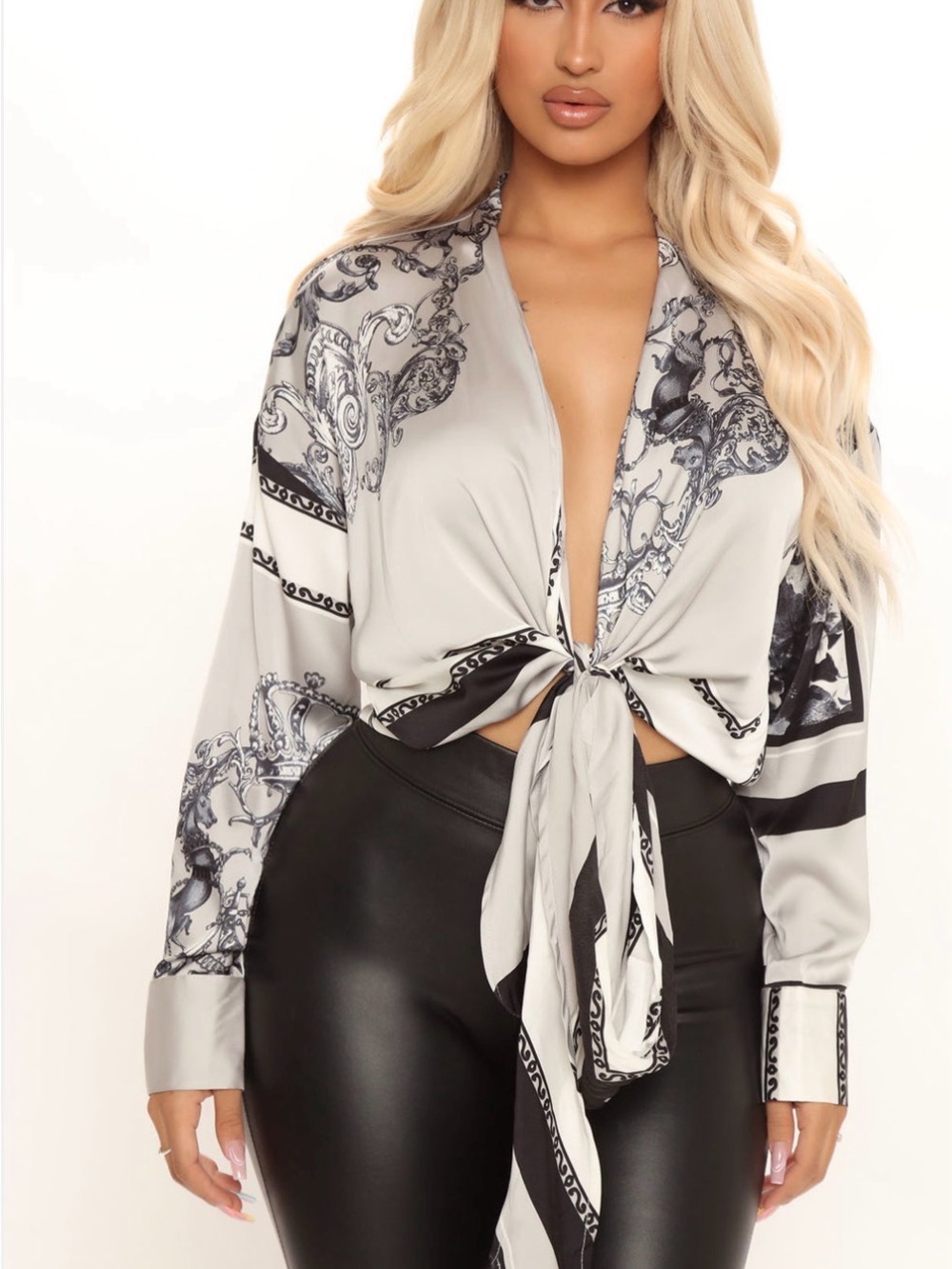 Fashion Nova Gray & Black Tie-Front Satin Blouse